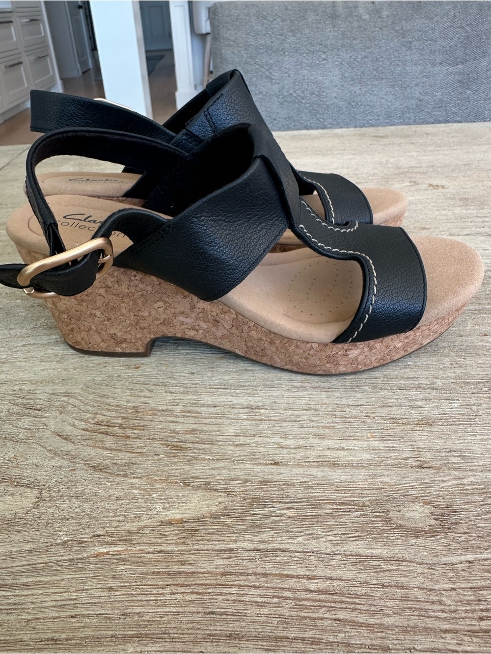 Clarks Collection Black Sandal Cork Wedges Giselle Style Size 10 - Picture 4 of 7